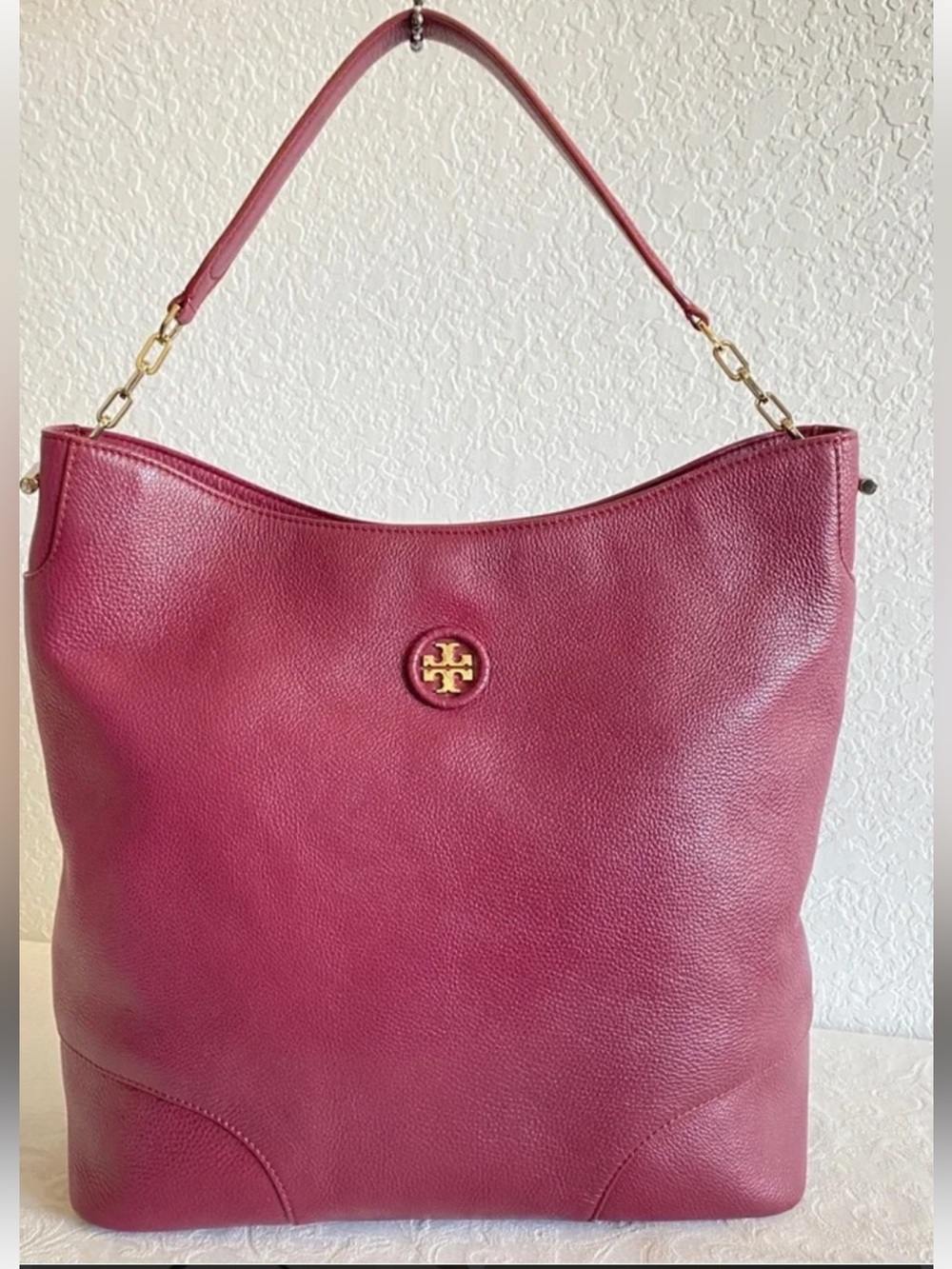 Tory Burch Rich Burgundy Berry Pebbled Leather Hobo with Gold Logo